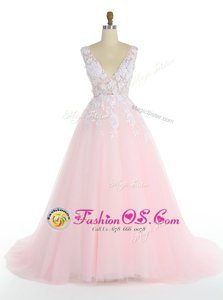 Pink V-neck Neckline Appliques Prom Dresses Sleeveless Zipper