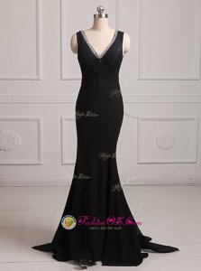 Mermaid With Train Backless Prom Evening Gown Black and In for Prom and Party with Beading Brush Train
