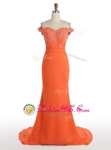 Mermaid Off the Shoulder Orange Sleeveless With Train Lace Zipper Prom Evening Gown