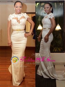 Mermaid Scoop White Satin Zipper Juniors Evening Dress Cap Sleeves Court Train Appliques