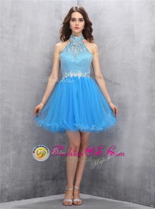 Mini Length Blue Dress for Prom High-neck Sleeveless Zipper