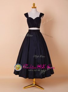 Low Price Straps Black Sleeveless Ruching Tea Length Mother Of The Bride Dress