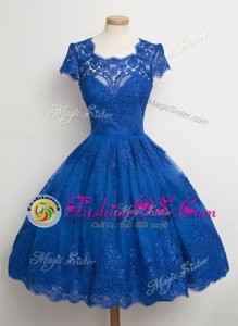 Royal Blue A-line Lace Square Cap Sleeves Lace Knee Length Zipper Junior Homecoming Dress