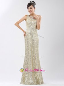 Custom Made One Shoulder Sequins Evening Dresses Champagne Zipper Sleeveless Floor Length