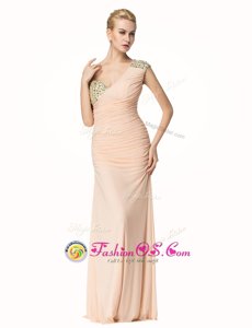 Mermaid One Shoulder Sleeveless Prom Evening Gown Floor Length Beading and Ruching Peach Chiffon