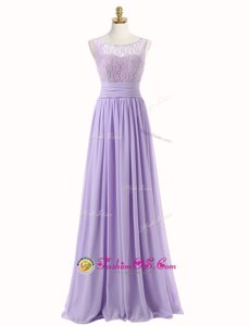 Fantastic Chiffon Scoop Sleeveless Sweep Train Zipper Lace Junior Homecoming Dress in Lavender