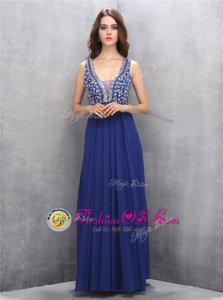 A-line Runway Inspired Dress Royal Blue V-neck Chiffon Sleeveless Floor Length Zipper