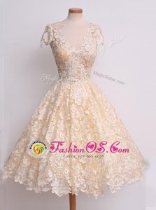 Lace Knee Length A-line Cap Sleeves Peach Zipper