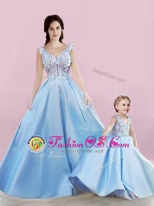 Flare Sleeveless Appliques Lace Up Evening Dress