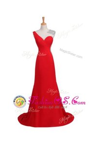 One Shoulder Coral Red Satin Backless Sleeveless Court Train Beading
