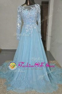 Custom Designed Baby Blue Prom Dress Prom and Party and For with Appliques and Belt Bateau Long Sleeves Court Train Zipper