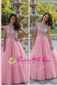 Super Scoop Floor Length Zipper Prom Dresses Baby Pink and In for Prom and Party with Beading