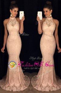 Simple Mermaid Halter Top Sleeveless Chiffon With Brush Train Backless Red Carpet Gowns in Baby Pink for with Lace