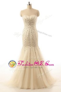 Mermaid Sleeveless With Train Beading Zipper Dress for Prom with Champagne Brush Train