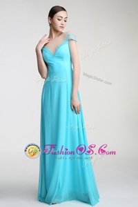 Aqua Blue Column/Sheath Chiffon Scoop Short Sleeves Appliques and Bowknot Floor Length Zipper Prom Dresses