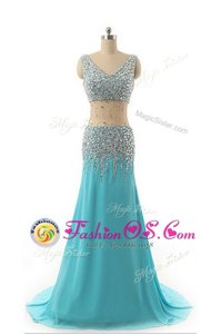 Great Aqua Blue V-neck Zipper Beading Prom Party Dress Sleeveless