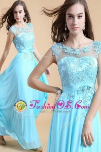 Aqua Blue Column/Sheath Chiffon Scoop Sleeveless Appliques Floor Length Zipper Homecoming Party Dress