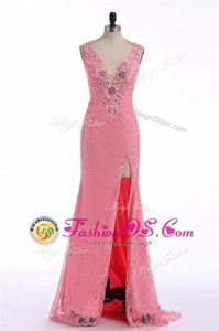 Rose Pink Sleeveless Sweep Train Lace and Appliques Prom Dress