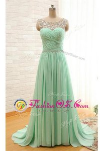 Delicate Scoop Beading and Ruching Homecoming Dress Apple Green Zipper Sleeveless With Brush Train