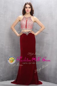 Scoop Burgundy Sleeveless Brush Train Beading and Appliques Prom Gown