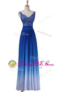 Blue Backless V-neck Lace Chiffon Sleeveless