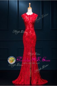 Scoop Lace Floor Length Mermaid Sleeveless Red Prom Dresses Zipper