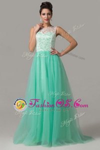 Eye-catching Scoop Turquoise Sleeveless Lace Floor Length Evening Dress