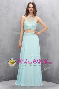 Colorful Light Blue Tulle Zipper Halter Top Sleeveless Prom Evening Gown Sweep Train Beading