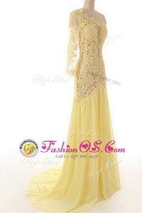 One Shoulder 3|4 Length Sleeve Chiffon and Lace Sweep Train Side Zipper Mother Of The Bride Dress in Light Yellow for with Lace