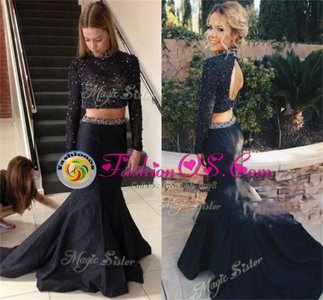 Best With Train Black Formal Dresses Chiffon Brush Train Long Sleeves Beading