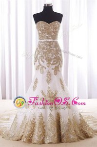 Mermaid White Sleeveless Brush Train Lace and Appliques and Embroidery With Train