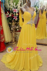 Luxury Scoop Sleeveless Organza Brush Train Backless Prom Evening Gown in Yellow for with Appliques