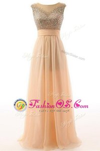 Fancy Scoop Peach Sleeveless Beading and Belt Floor Length Prom Dress