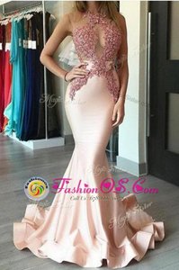 Unique Mermaid Scoop Sleeveless Celeb Inspired Gowns With Brush Train Beading Peach Chiffon
