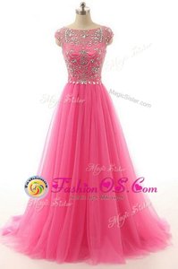 Nice Hot Pink A-line Beading Dress for Prom Zipper Lace Short Sleeves Floor Length