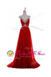 Pretty Chiffon Sleeveless Red Carpet Gowns Brush Train and Beading and Belt