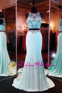 Brush Train Mermaid Runway Inspired Dress Aqua Blue Scoop Chiffon Sleeveless With Train Zipper