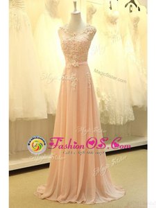 Peach Zipper Scoop Lace and Belt Prom Evening Gown Organza Sleeveless Sweep Train