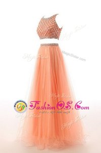 Scoop Sleeveless Sweep Train Side Zipper Evening Dress Orange Organza