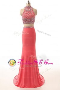 Satin High-neck Sleeveless Brush Train Backless Beading and Appliques and Belt Prom Evening Gown in Watermelon Red