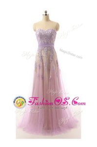 Luxurious Sweetheart Sleeveless Brush Train Zipper Dress for Prom Lilac Organza
