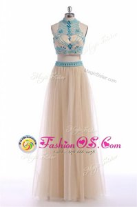 Hot Sale Empire Prom Gown Champagne High-neck Tulle Sleeveless Floor Length Zipper