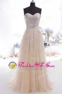 Champagne Empire Organza Sweetheart Sleeveless Beading and Belt Zipper Homecoming Dress Sweep Train