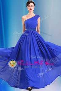 One Shoulder Chiffon Sleeveless Floor Length Prom Evening Gown and Ruching and Belt