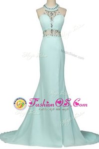 Exceptional Mermaid Halter Top Sleeveless Chiffon With Brush Train Zipper Prom Dress in Light Blue for with Beading