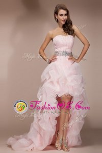 Spectacular Baby Pink Zipper Sweetheart Beading Prom Gown Organza Sleeveless Brush Train