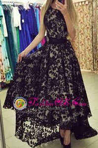 Designer Scoop Black Sleeveless With Train Lace Zipper Prom Gown
