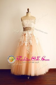 Cheap Floor Length Peach Evening Dress Organza Sleeveless Lace and Appliques and Belt