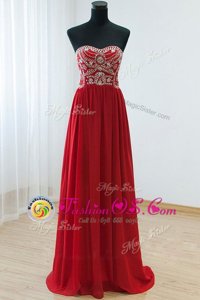 Fine Beading Red Zipper Sleeveless Floor Length