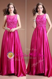 Floor Length Hot Pink Dress for Prom Bateau Sleeveless Zipper